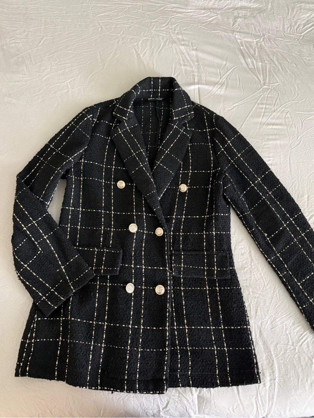 SHEIN Black Windowpane Double-Breasted Blazer with Gold Buttons